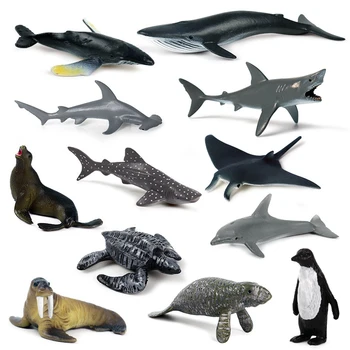 12Pcs Симулация Мини морски животни Гигантски зъб Акула Убиец кит Син кит Акула Пингвин Делфин Модел играчка