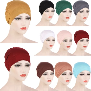 2021 Нова еластична тюрбан шапка плътен цвят памучен шал дамски забрадка капак вътрешен хиджаб капачка мюсюлмански хиджаб жена обвивам главата