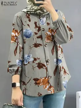 2023 ZANZEA жени есенна риза елегантен парти туника върховете мода флорални печатни мюсюлманска блуза реколта бутер ръкав O-образно деколте Blusas