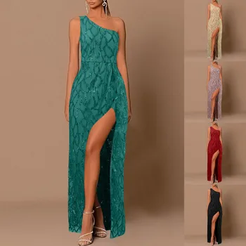 2023 Граница външна търговия Нов плътен цвят пайети фея дълъг ръкав модерен тънък темперамент средата шик рокля за дами