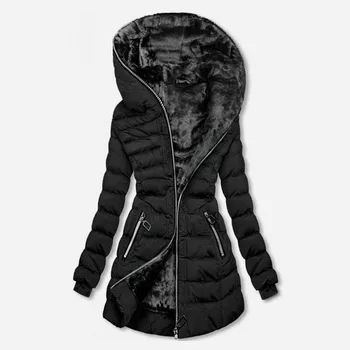 2023 Мода жени елегантен реколта случайни черно палто женски тънък дълго парка топло памук подплатени палто зимата с качулка яке