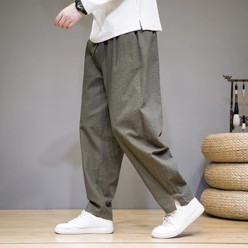 2023 Мъжки панталони Ежедневни райета харем панталони мъжки хлабав японски стил направо реколта мъже жена панталони памук бельо улично облекло