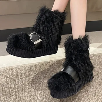 2023 Обувки за жени с цип Дамски ботуши Зимен кръг Toe Solid Flock плюшени топли удобни средата петата кратък случайни сняг ботуши