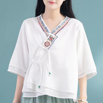 2023 Памучно бельо V-образно деколте етнически бродирани ризи Традиционен китайски стил ретро ханфу върхове Дзен чай Cheongsam Qipao блуза