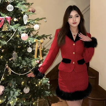 2024 Френски стил елегантна пола 2 части костюм Коледа ретро червено снаждане яке + секси мини поли темперамент дама корейски облекло