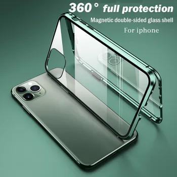 360 Пълна защита метален магнитен адсорбционен калъф за iphone 13 12 11 14 Pro XS Max двустранен стъклен калъф за 8 7 6 Plus X XR