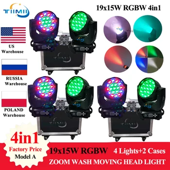 3Flightcase 6Pcs LED 19x15W RGBW Beam Wash Zoom Moving Head Light DJ Stage Light Оборудване Концертни продукции Професионалисти