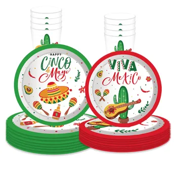 8 гости Мексикански кактус за еднократна употреба прибори за хранене Мексико фестивал парти хартиени чинии Чаши за салфетки Лято Мексикански рожден ден Декор