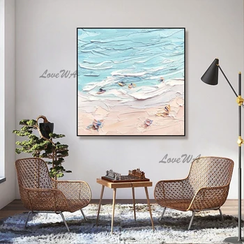 Canvas стена изкуство естествен пейзаж живопис с маслени бои абстрактни деца на плажа картини без рамка морска вълна ръка рисунка скандинавски декор