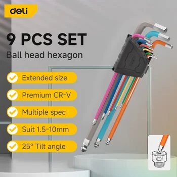 Deli Allen Key Set Screwdriver 9pcs Set Hexagon Spanner Universal Hex Wrench 6 Angle Six-Lens Ball Keys Цветни ръчни инструменти