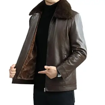 Faux кожено яке Стилно мъжко яке от изкуствена кожа с плюшена подплата Топло зимно палто за бизнес ежедневни тоалети
