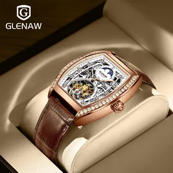 GLENAW Watch Мъже Автоматичен механичен квадратен диамантен кух часовник за мъже Tourbillon водоустойчив часовник 30ATM водоустойчив часовник