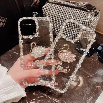 Glitter Bling Diamond Love Crystal Swan Калъф за телефон за iphone 15 14 X XR XS 11 12 13 Pro Max 5 se 7 8 Plus SE 2020 + капак