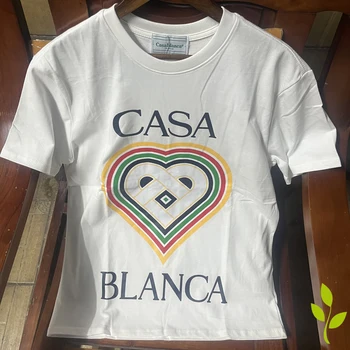High Street CasablancaT-shirts Rainbow Heart Letter Logo Printing Short Sleeve Tshirt White Casual Cotton Tees for Men and Women