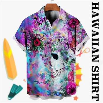 Hot Sell Мъжки хавайски ризи 3d череп печат Daily случайни къс ръкав върховете мъжки дрехи улица дизайнер тениски ризи и цъфтеж