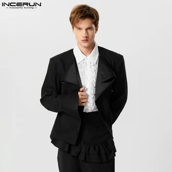 INCERUN върхове 2023 американски стил нови мъже сатен пачуърк ревера дълбоко V дизайн блейзъри случайни прости добре монтаж костюм палта S-5XL
