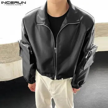 INCERUN Мъжки якета Плътен цвят PU кожа ревера цип дълъг ръкав джобове палта мъже streetwear пънк стил 2023 модни якета