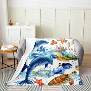 Kawaii делфин размита одеяло сладък океан животински фланела руно хвърлят одеяло за диван диван деца морска костенурка през целия сезон