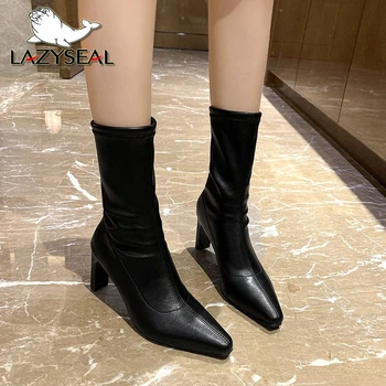 Lazyseal дамски ботуши 8.5 висок ток ясни обувки шиене плътен цвят чорап ботуши лачена кожа глезена обувка дамски обувки за есента
