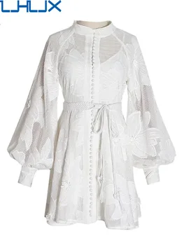 LJHLJX елегантна пролетна рокля за жени стойка яка дълъг ръкав висока талия бели мини рокли женска мода ново облекло