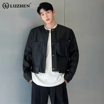 LUZHEN 2024 Пролет нова корейска мода личност джобове снаждане дизайн случайни кратко яке мъже модерен кожа PU палто C6b722