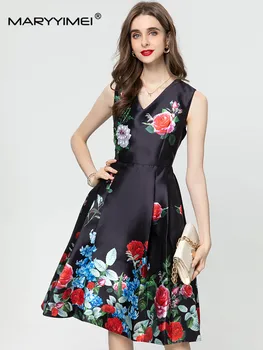 MARYYIMEI Лятна мода Дамска бална рокля V-образно деколте Дълъг ръкав Пайети с мъниста Флорален принт Черни елегантни рокли