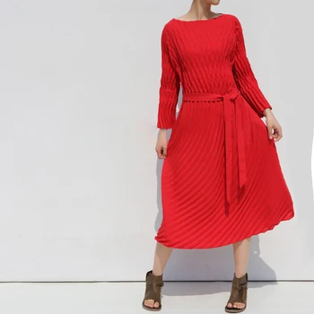 Miyake плисирани ръчно изработени плисета дълъг ръкав колан рокля жени 2023 лято нов стил китайски голям червен хлабав плюс размер дълга рокля