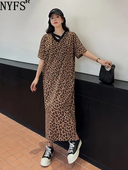 NYFS 2023 Лято Нова Корея леопард Дамска рокля Vestidos халат Ete Femme Elbise хлабав плюс размер V врата къси ръкави дълги рокли