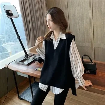 Polo яка вертикална раирана риза + черна жилетка от две части жени 2024 пролет нов корейски стил хлабав мода отгоре за пътуване X