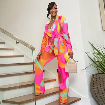 Tie Dye Print Blazer Pants 2 Piece Sets Дамски елегантен ревера дълъг ръкав отворен бод якета с колан прави панталони костюми