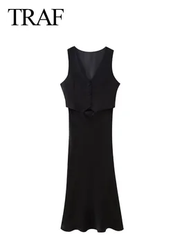 TRAF 2024 Нова мода на жената пролет пачуърк жилетка рокли Черно V-образно деколте без ръкави еднореден цип женски дълга рокля