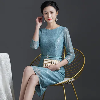 Yourqipao 2023 есенна дантела бродерия светло синьо дневно плюс размер на средна възраст мама китайски стил вечерна рокля облекло за жени