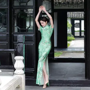 Yourqipao Нови 6 цвята жени плюс размер дълго Cheongsam тънък реколта лятна рокля нов китайски стил костюми секси еластична рокля