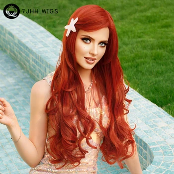 Аквамарин перука синтетична дълга къдрава оранжева червена русалка перука с бретон хлабав тялото вълна перуки за жени Хелоуин парти косплей перука