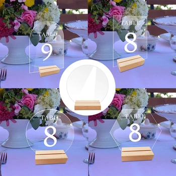 Акрилен държач за табела за маса с дървена основа Ясна сватбена маса Номер на знака за място Стойка за показване на карти за ресторант Хотел