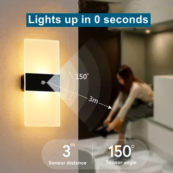 Акрилни сензор за движение LED стена лампа с превключвател безжичен USB зареждане стена светлина за спалня нощни стълби коридор хол