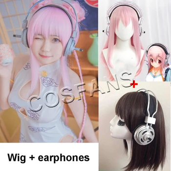 Аниме Super Sonico Supersonico 60cm Long Pink Ombre Hair Heat Resistant Cosplay Costume Wig + Toy headset Headphone Prop