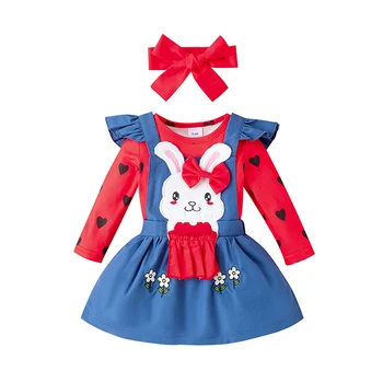 бебе момиче Великден 3Pcs облекло сърце печат дълъг ръкав гащеризон със зайче бродерия цялостната рокля и лък лента за глава