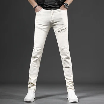 бежов мъжки дънки корейски стил тънък годни панталони улично облекло случайни цип пачуърк дънкови панталони CP2198