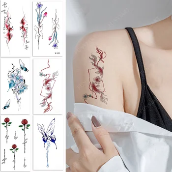 Водоустойчиви временни татуировки за жени Пеперуда цвете писмо татуировка стикери за ръка тяло мигновени фалшиви татуировка риба