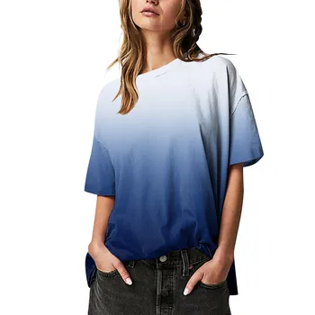 градиентна тениска с къс ръкав за жени 2024 Лятна корейска тенденция Женска тениска Мода Улично облекло Свободни върхове Дамско облекло