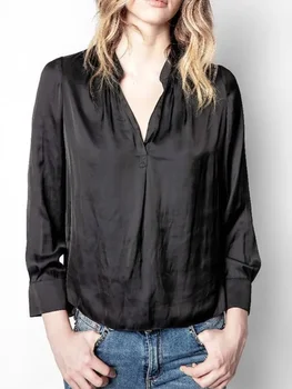 Дамска блуза 2023 Нова пролет лято сатен плисиран v-образно деколте мода хлабав случайни дълъг ръкав риза