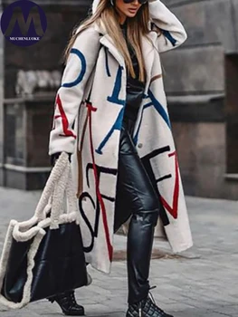 Дамски Windbreaker Есен Зима Нов елегантен печат Turn Down яка вълна смеси палта Мода Casual Loose Дамско облекло