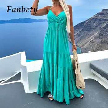Дамски спагети презрамки плътен цвят плисирана плажна рокля секси хлабав v-образно деколте висока талия макси рокля лято без ръкави ваканционни рокли