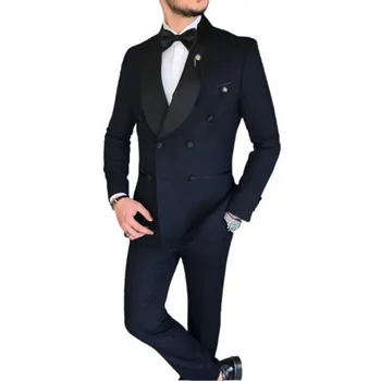 Двуреден тъмносин мъжки костюми Blazer шал ревера официално парти комплект 2 парче яке панталони елегантен сватба младоженец екипировки