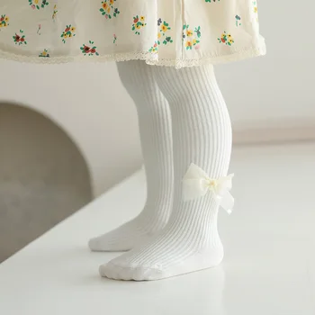 Детски памучен оребрен панделка чорапогащи за деца пролетни момичета плетени чорапогащи малко дете сладък панталон корейски бебе лепкави аксесоари Нови