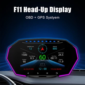  Диагностика на дисплея на главата на автомобила 7 цвята F11 скоростомер вода масло температура HUD 4 инчов OBD2 GPS двойна система аларма за сигурност