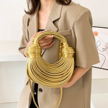 Дизайнер Луксозна златна чанта Дамска линия Bundle Завързани Hobos Чанта за рамо Модна марка Висококачествена парти вечер съединител чанта