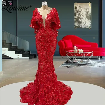 Дубай дизайн нос ръкави дантела червени вечерни рокли официални дълги знаменитост рокли 2022 Плюс размер русалка парти рокли за бала