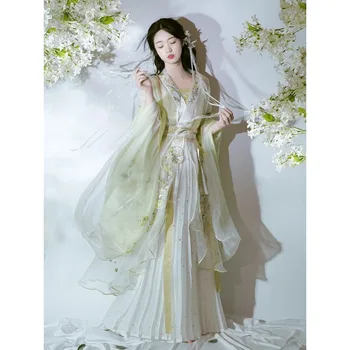 Елегантна тежка индустрия зелена флорална бродерия ханфу рокля костюм 6бр жени китайски традиционни фея косплей костюми вестидос